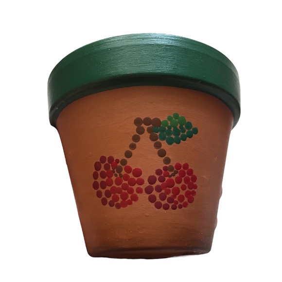 ❤️Two hand decorated terracotta plant pots cherry dot art - Picture 1 of 6